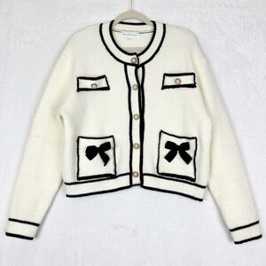 Threaded Leaf Lady Cardigan Size Large Velvet Bows Gold Pearl Old Money Preppy